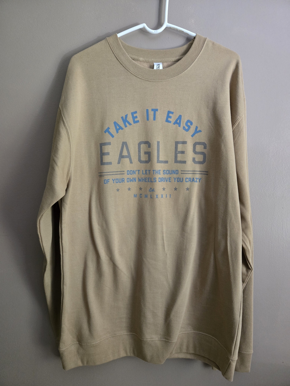 Take It Easy Eagles Graphic Crewneck - Tan with Blue Print Size 2X